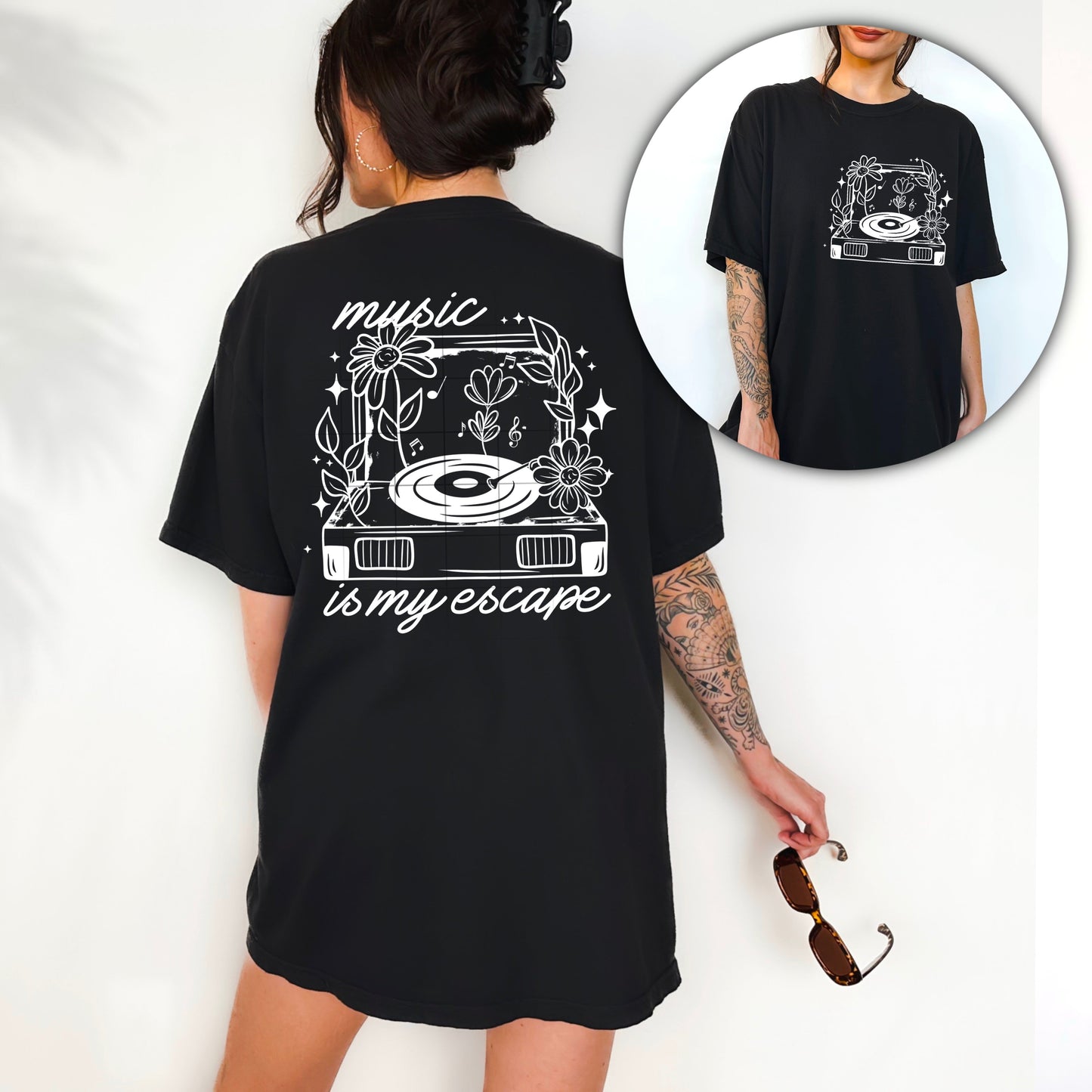 MUSIC IS MY ESCAPE - POCKET PRINT DOUBLE SIDED TEE