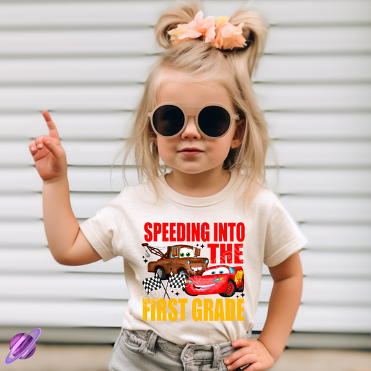 SPEEDING INTO THE FIRST GRADE TEE