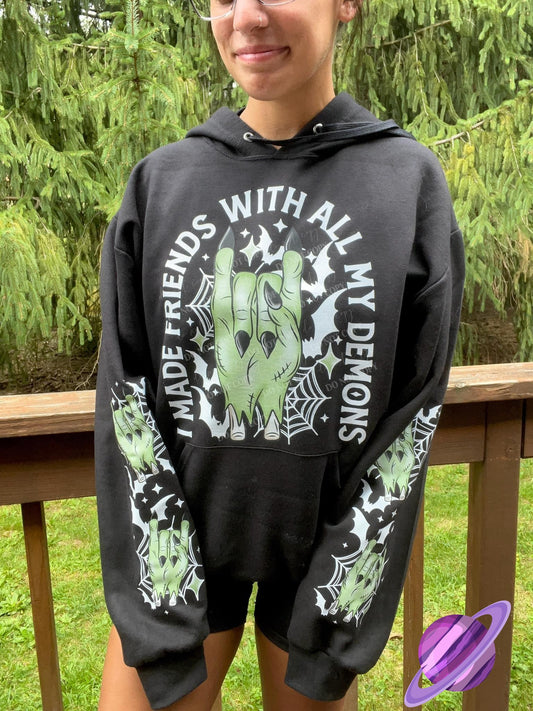 FRIENDS WITH MY DEMONS- FRONT & DOUBLE SLEEVE DESIGN HOODIE
