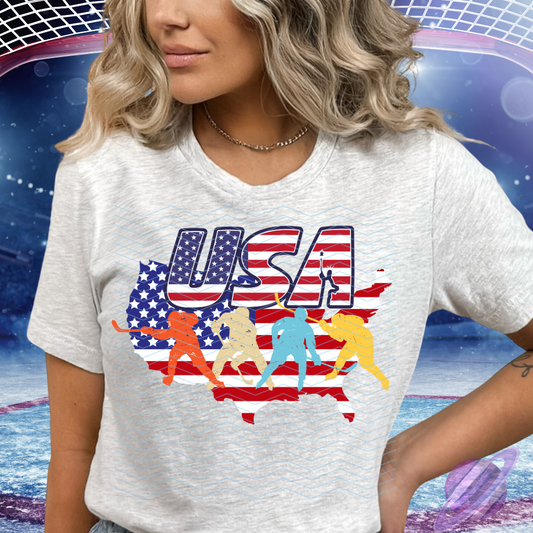 USA FLAG W/ HOCKEY PLAYERS TEE