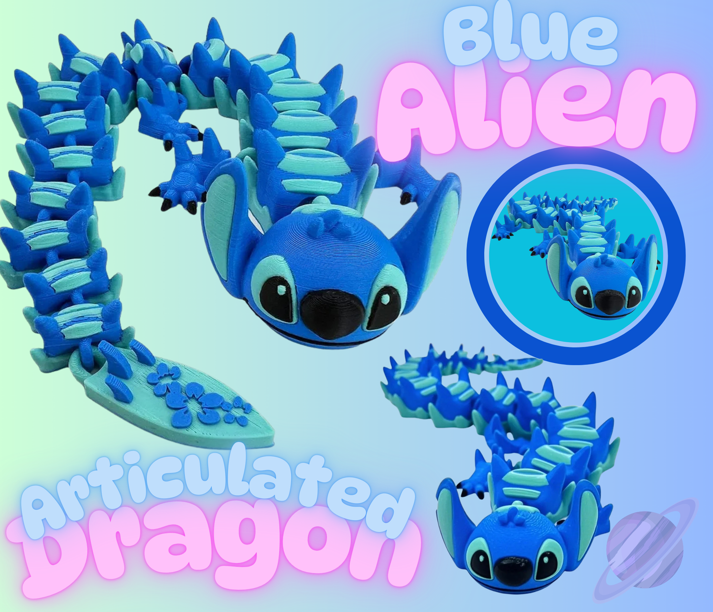 3D PRINTED BLUE ALIEN ARTICULATED DRAGON