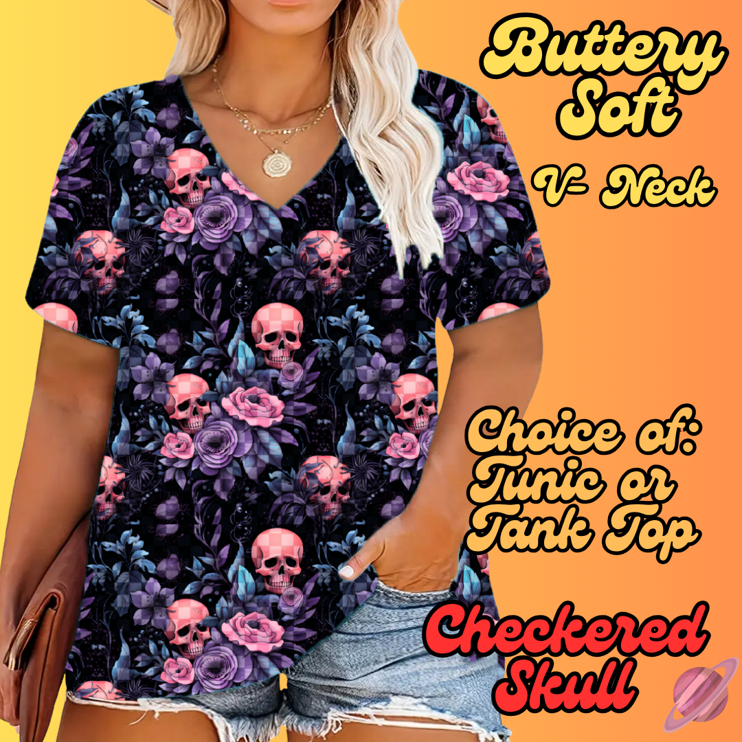 PRETTY FALL RUN-CHECKERED SKULL-TUNIC OR TANK-PREORDER CLOSING 8/3