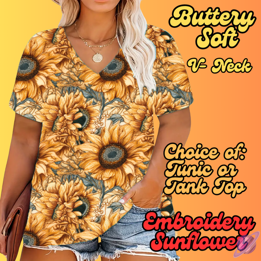 PRETTY FALL RUN-EMBROIDERY SUNFLOWER-TUNIC OR TANK-PREORDER CLOSING 8/3