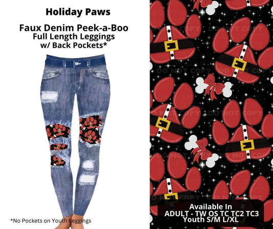 Holiday Paws Faux Denim Full Length Peekaboo Leggings