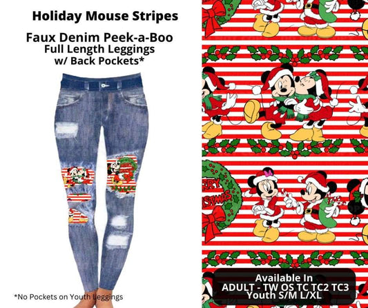 Holiday Mouse Stripe Faux Denim Full Length Peekaboo Leggings