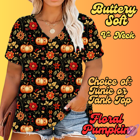 PRETTY FALL RUN-FLORAL PUMPKIN-TUNIC OR TANK-PREORDER CLOSING 8/3