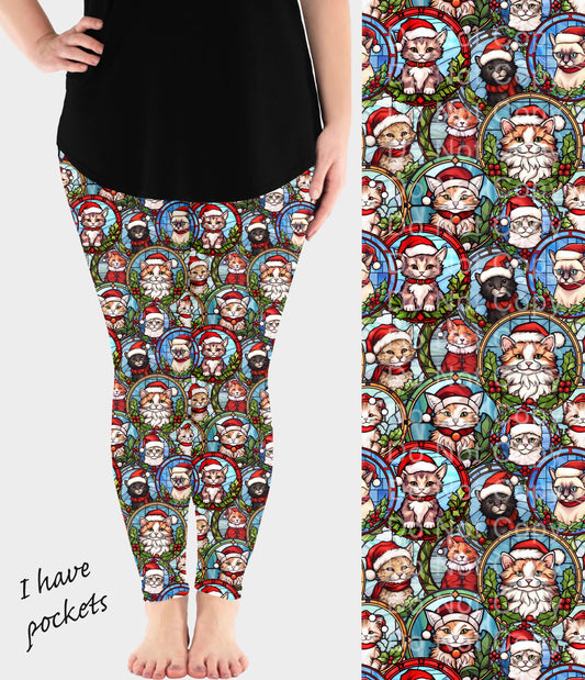 RTS - Glass Holiday Cats Leggings w/ Pockets