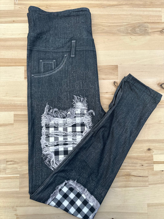 Black Denim White Plaid Leggings w/ Back Pockets