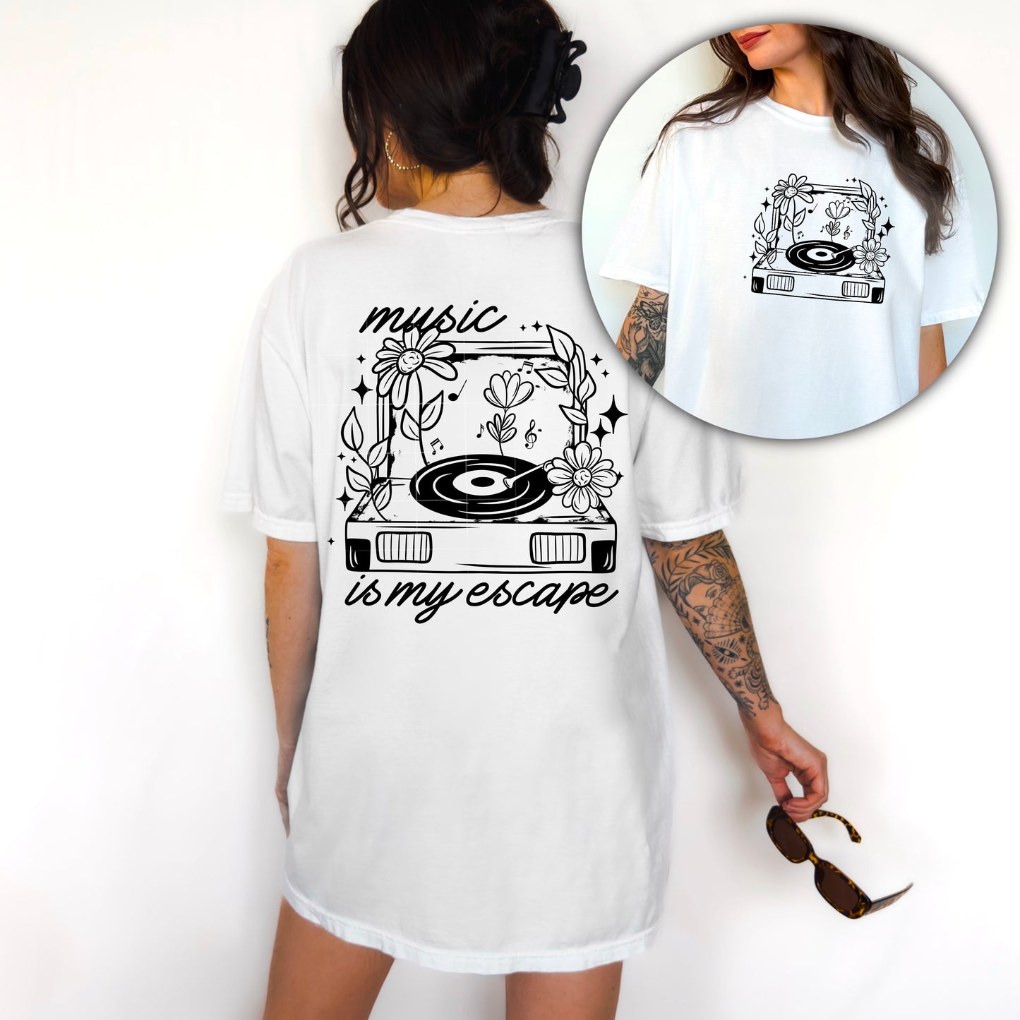MUSIC IS MY ESCAPE - POCKET PRINT DOUBLE SIDED TEE