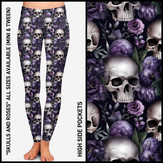 RTS - Skulls and Roses Leggings with High Side Pockets