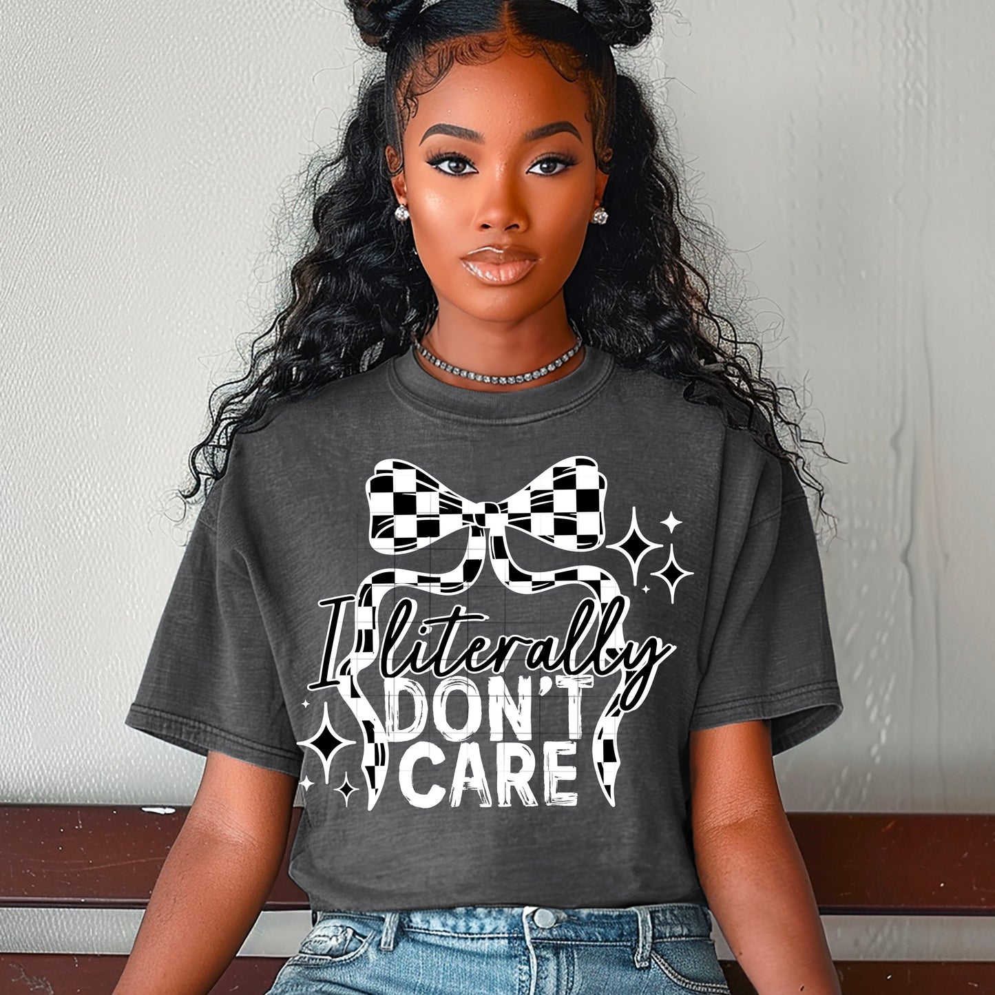 CHECKER BOW LITERALLY DONT CARE TEE