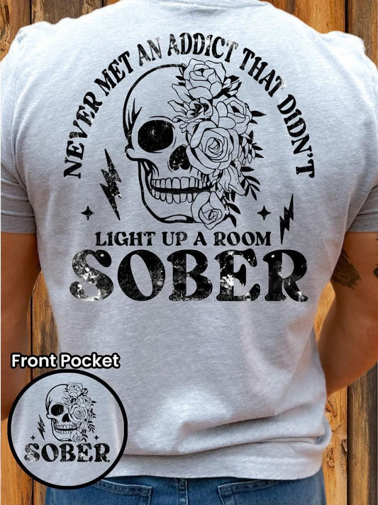 LIGHT UP A ROOM SOBER SKULL DOUBLE SIDED TEE