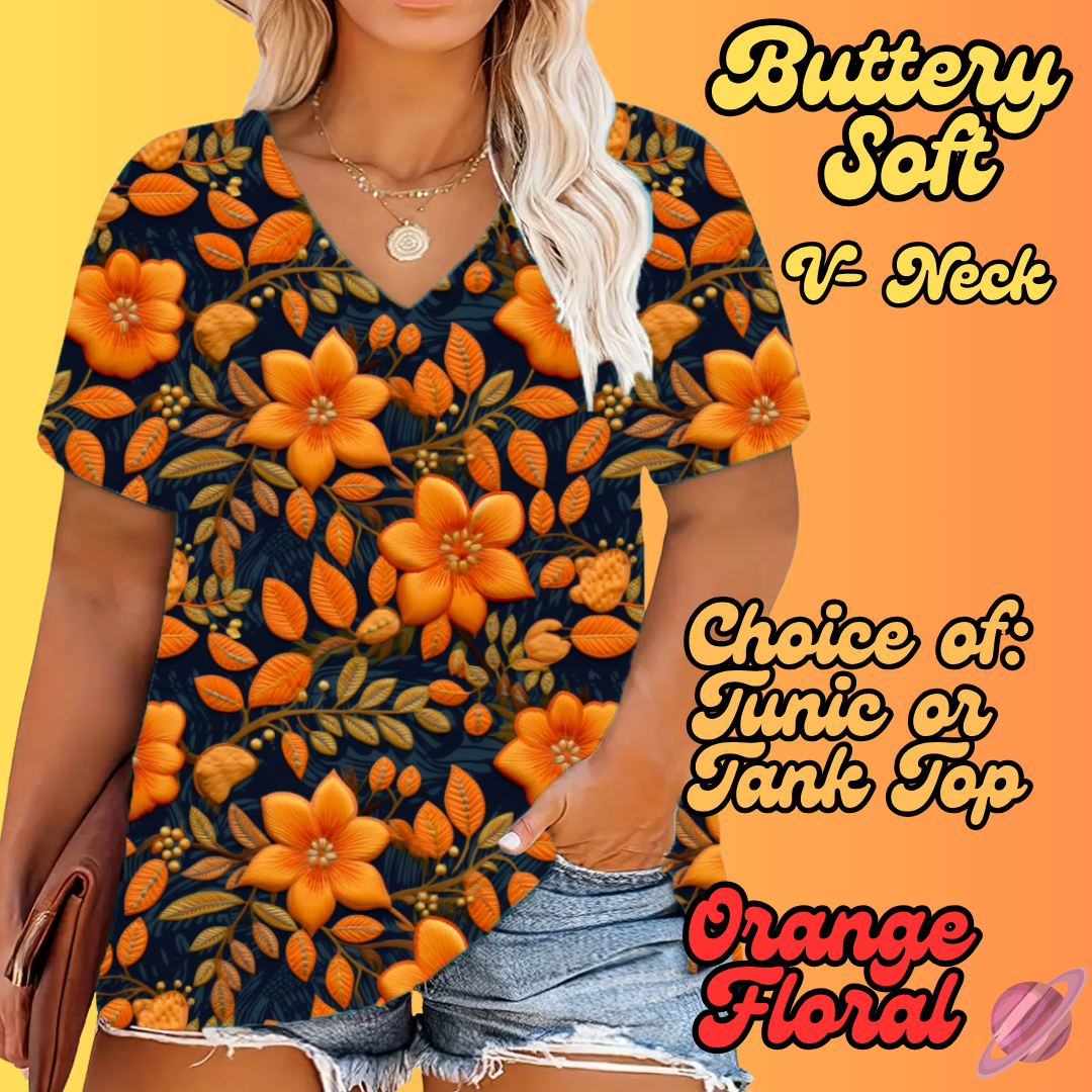 PRETTY FALL RUN-ORANGE FLORAL-TUNIC OR TANK-PREORDER CLOSING 8/3