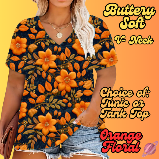 PRETTY FALL RUN-ORANGE FLORAL-TUNIC OR TANK-PREORDER CLOSING 8/3