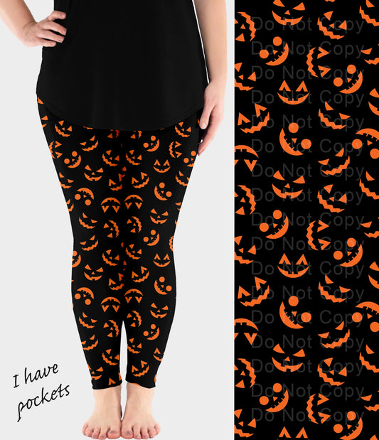 RTS - Orange Pumpkin Faces Leggings w/ Pockets