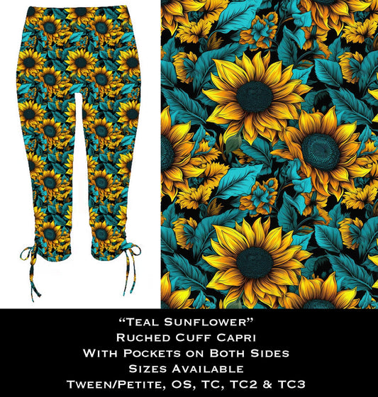 Teal Sunflower Ruched Cuff Capris with Side Pockets