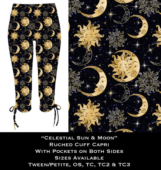 Celestial Sun & Moon Ruched Cuff Capris with Side Pockets