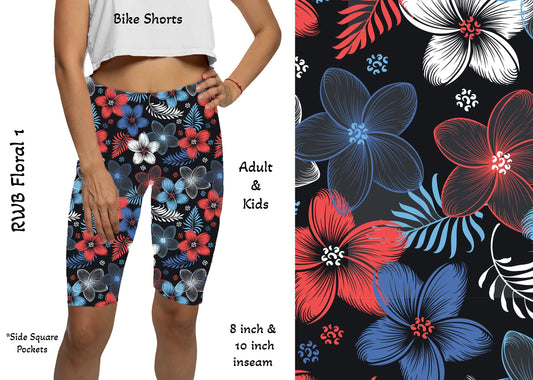 RWB Floral 1 -  8" Yoga Bike Shorts with Pockets