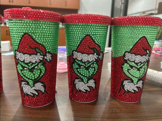 Jeweled Grinch cup 16.9 oz. with straw and straw cleaner