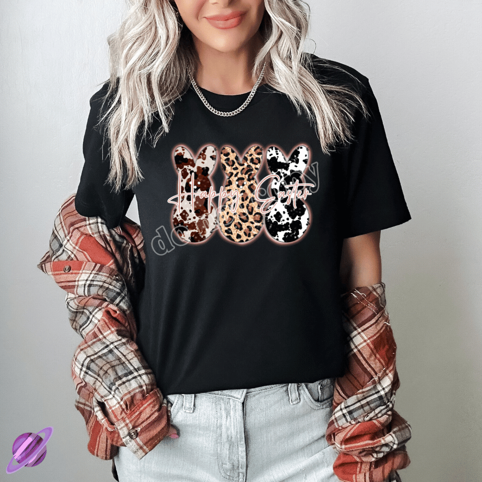HAPPY EASTER COW PRINT BUNNIES TEE