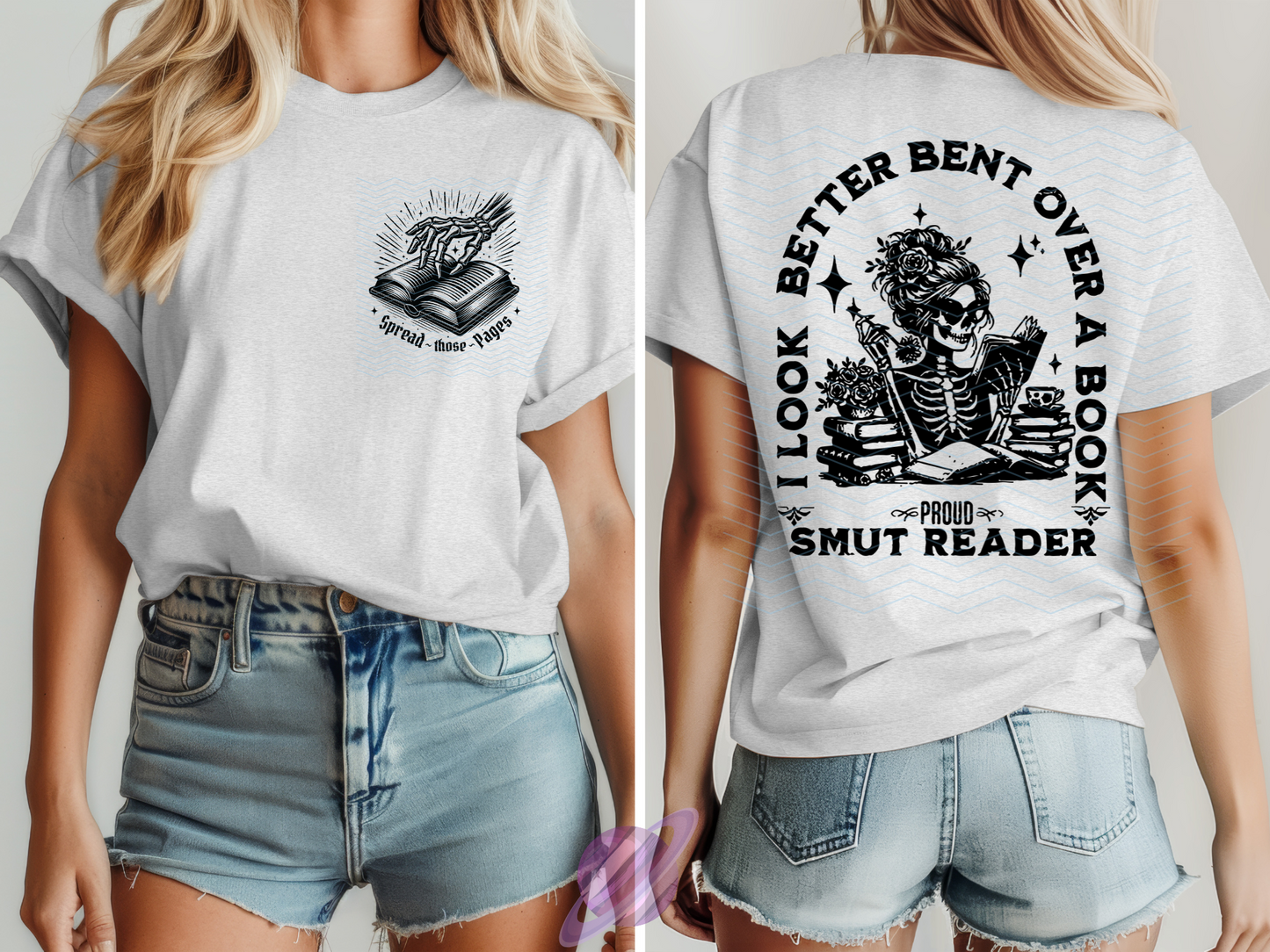 BENT OVER A BOOK - POCKET PRINT DOUBLE SIDED TEE