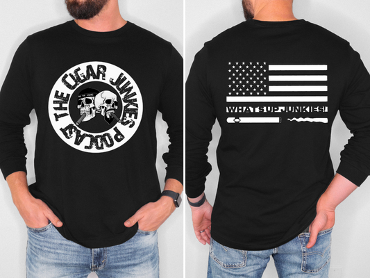 THE CIGAR JUNKIES PODCAST BW SKULL DOUBLE SIDED LONG SLEEVE TEE
