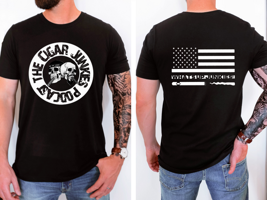 THE CIGAR JUNKIES PODCAST BW SKULL DOUBLE SIDED TEE