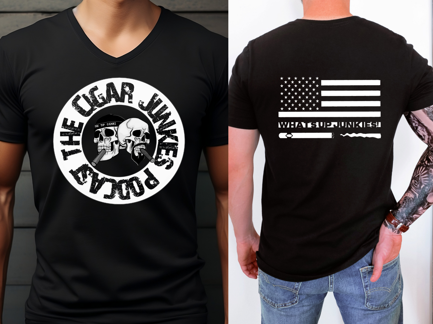 THE CIGAR JUNKIES PODCAST BW SKULL DOUBLE SIDED V NECK TEE
