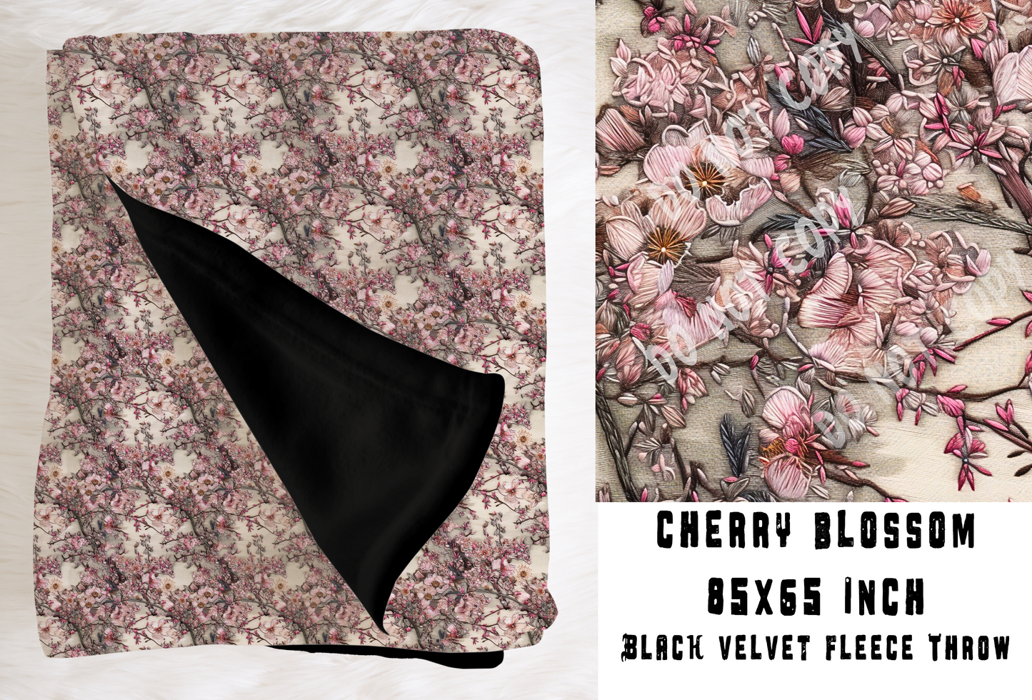 CHERRY BLOSSOM - SOFT BLACK FLEECE THROW BLANKETS