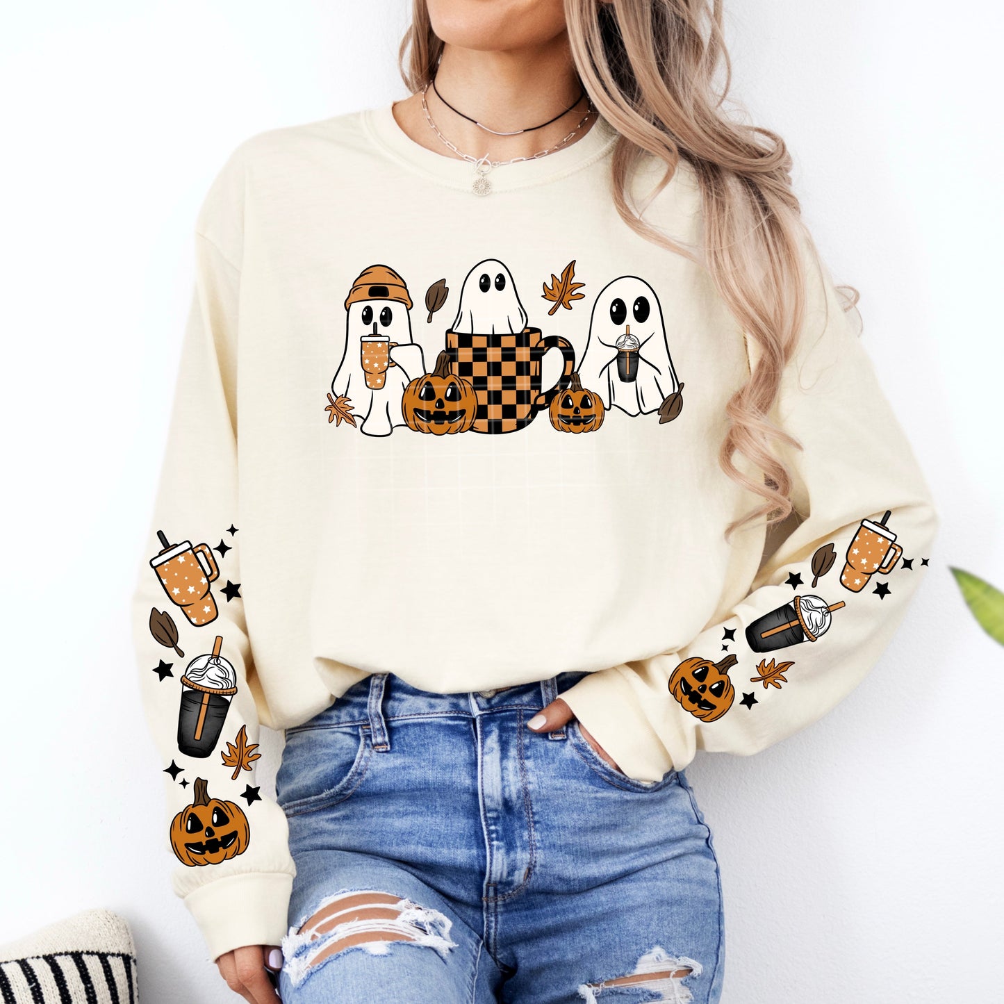FALL GHOSTIES - CREW SWEATSHIRT W/ SLEEVE PRINT
