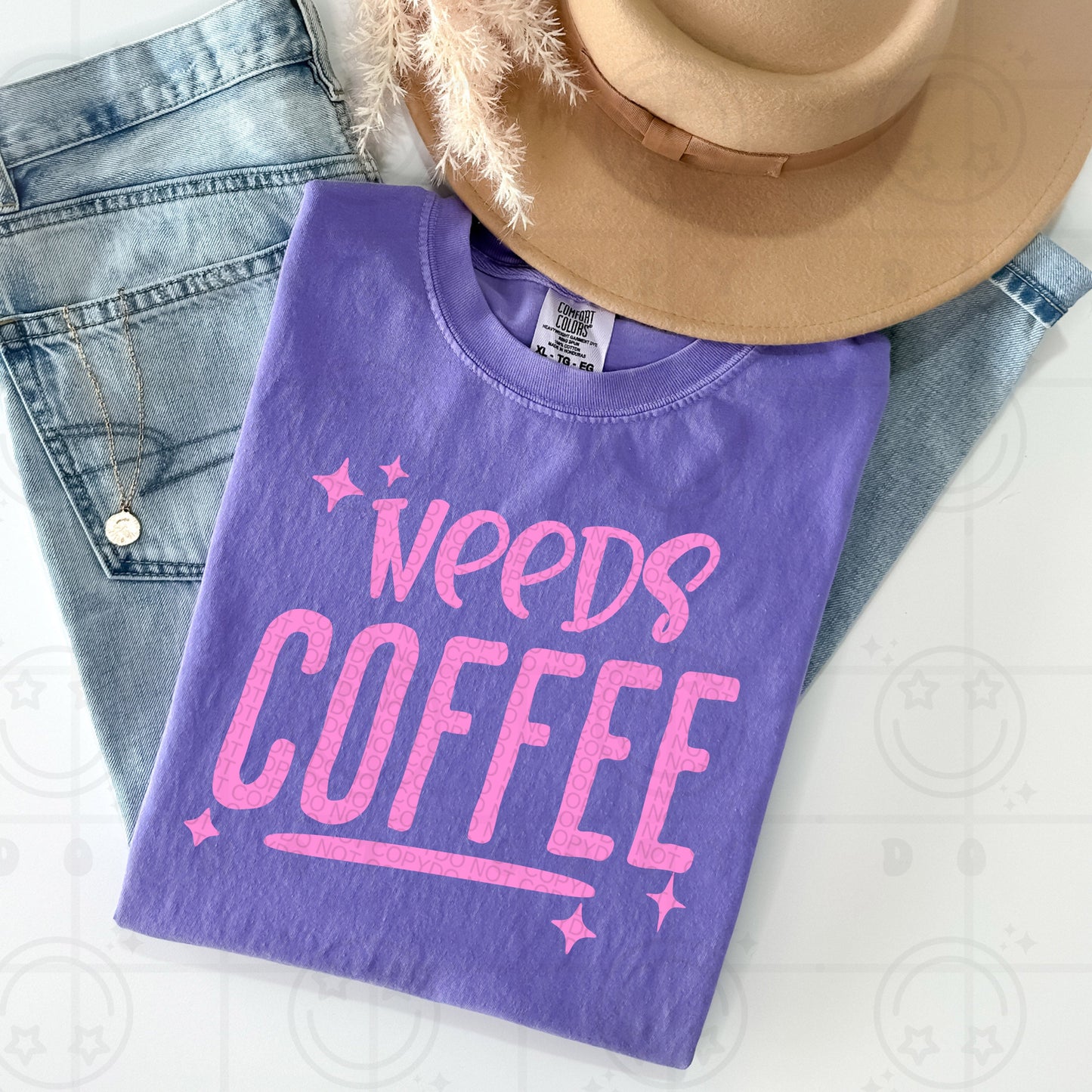 NEEDS COFFEE PINK WRITING TEE