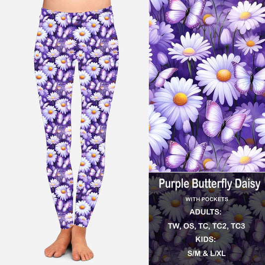 Purple Butterfly Daisy Leggings with Pockets
