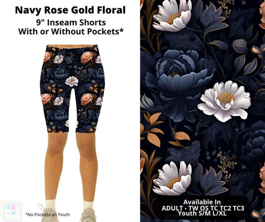 Navy Rose Gold Floral 9" Shorts w/ Pockets