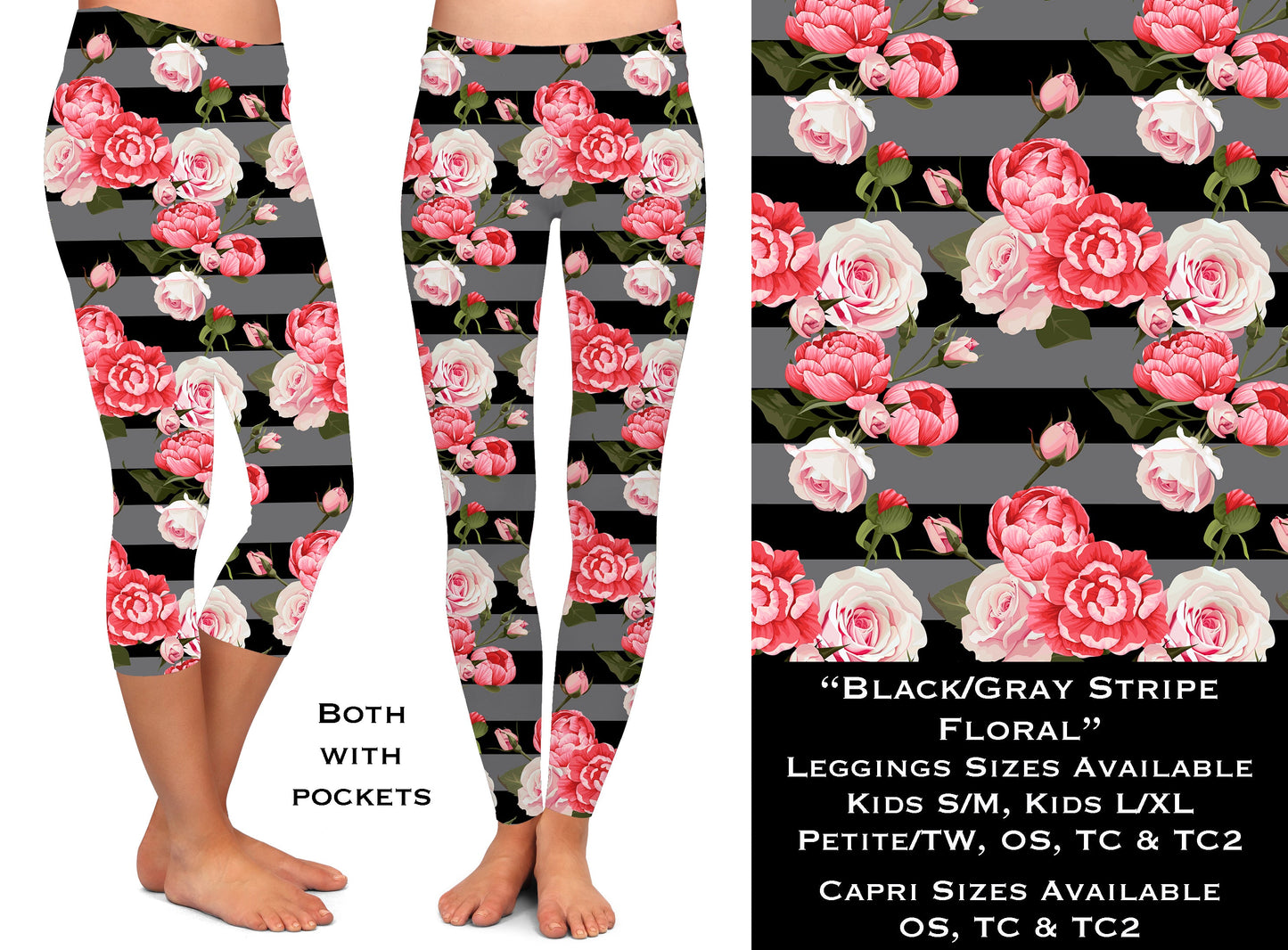 Black & Gray Stripe Floral - Leggings & Capris