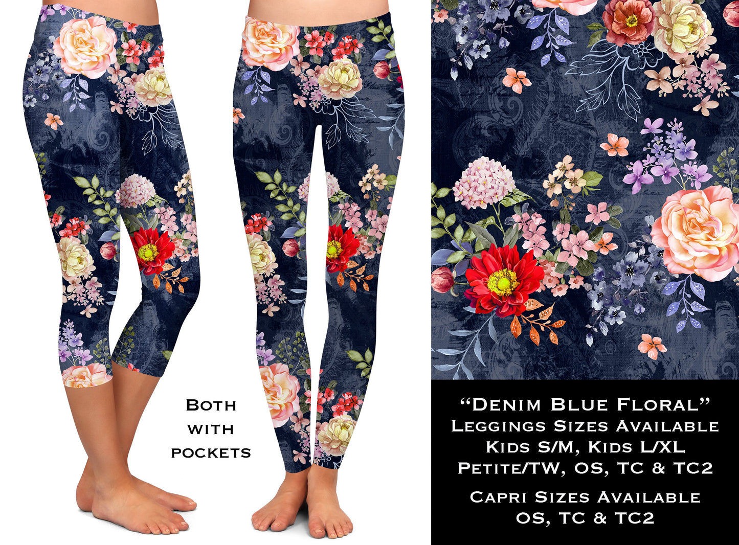 Denim Blue Floral - Leggings & Capris