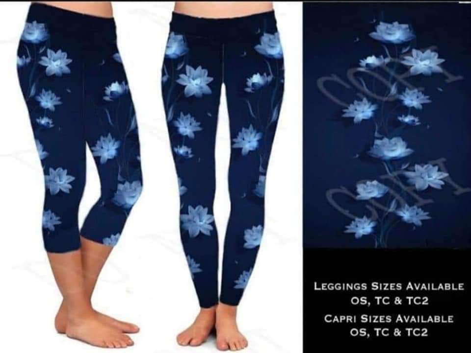 Blue floating flowers leggings & capris with pockets