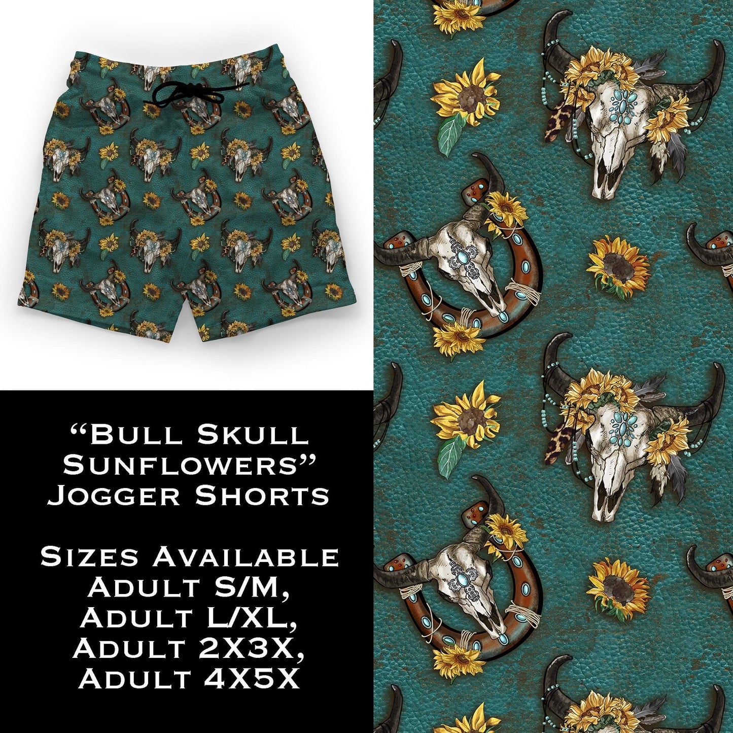 Bull Skull Sunflowers Jogger Shorts