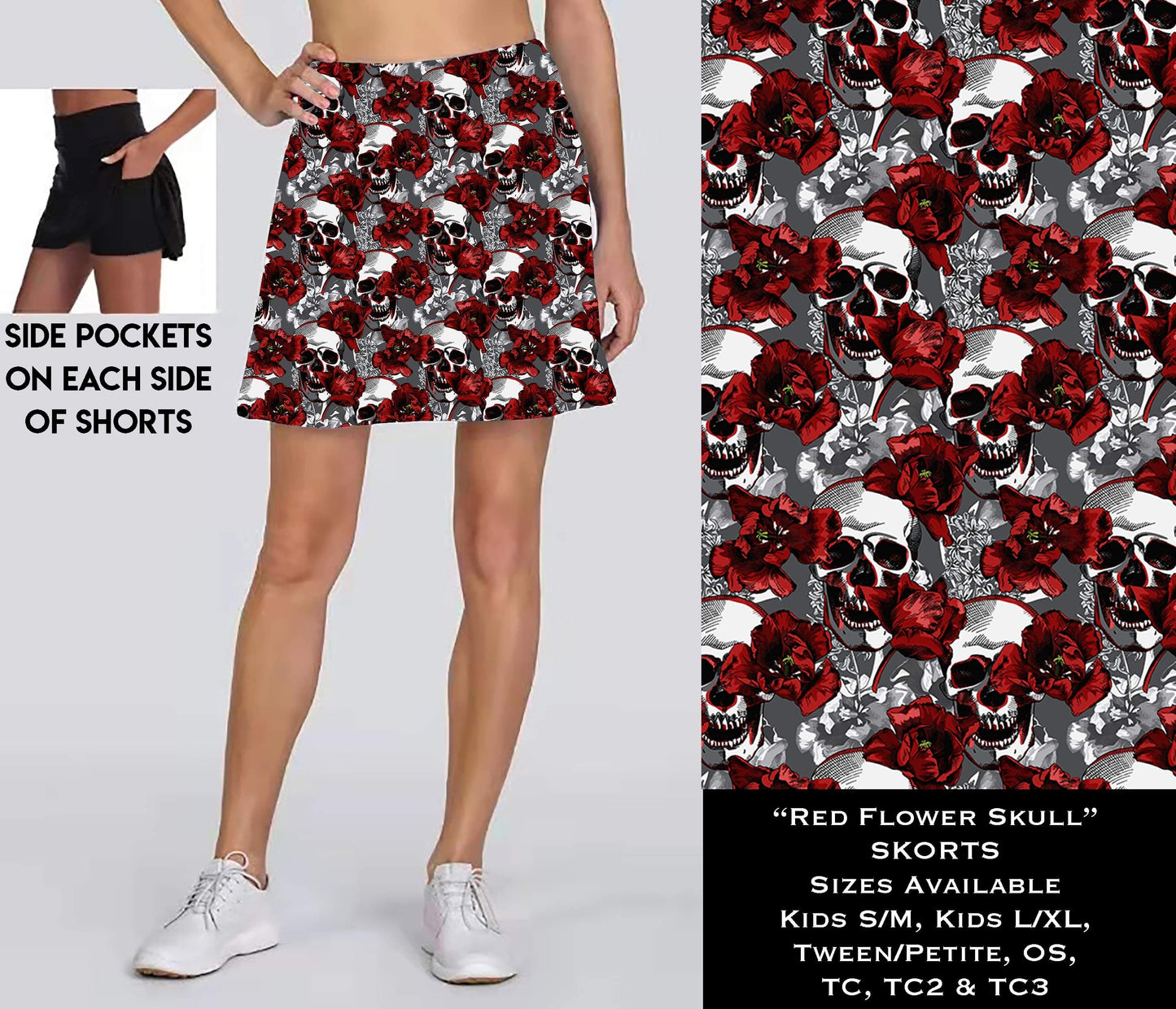 Red Flower Skull Skort with Pockets