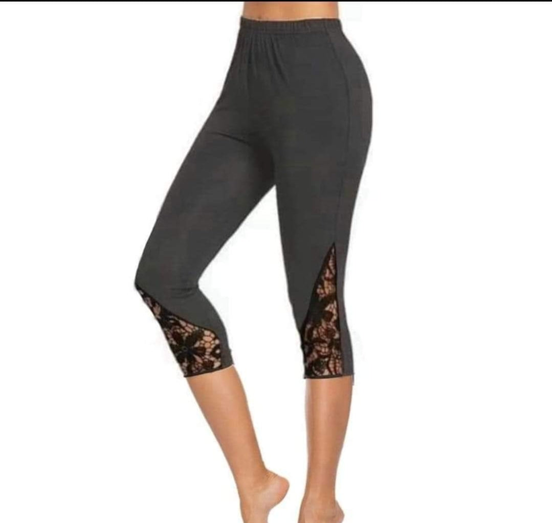 Grey capris with Yoga waistband, pockets and lace inserts